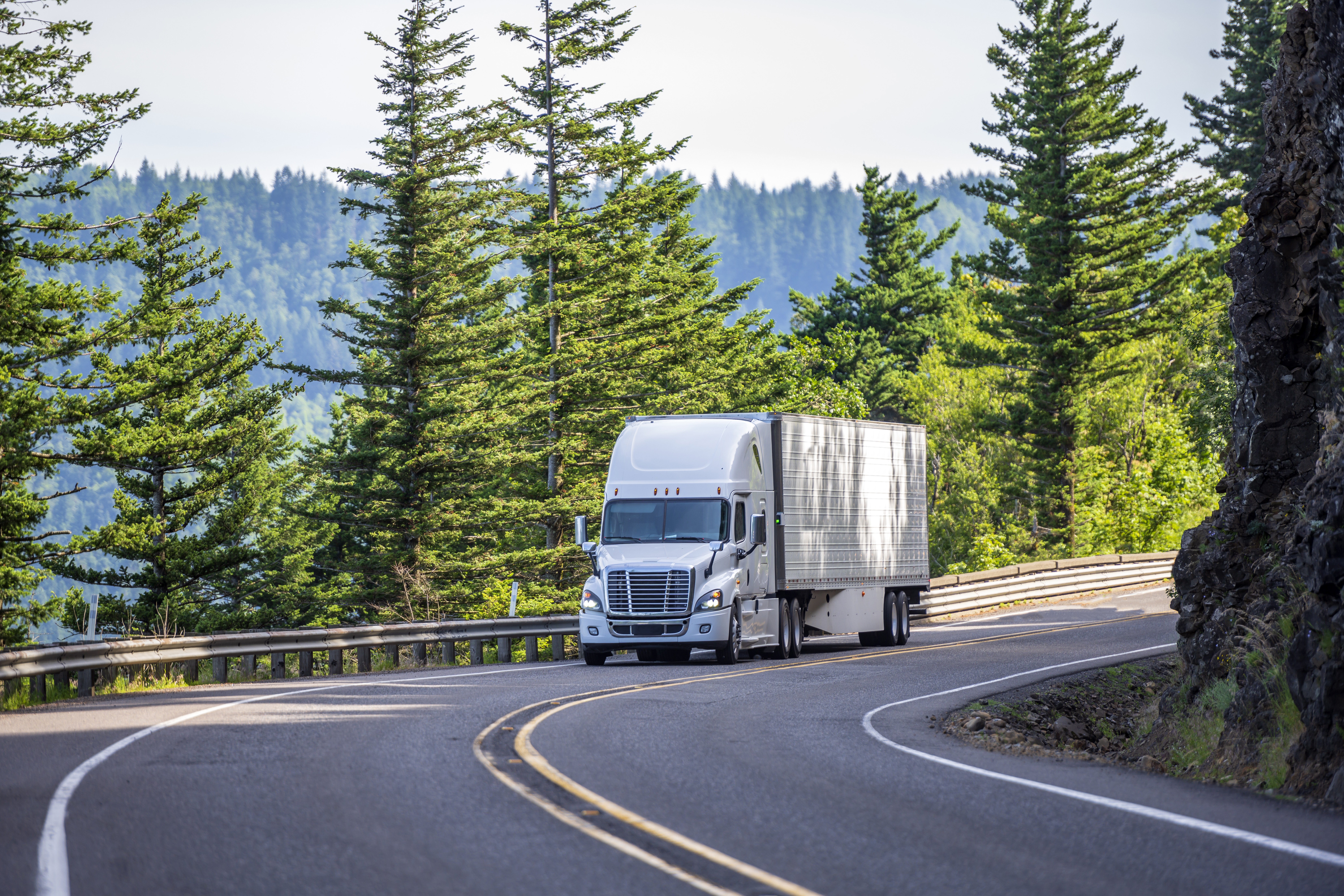 A white semi-truck driving through a forest surrounded by mountains.